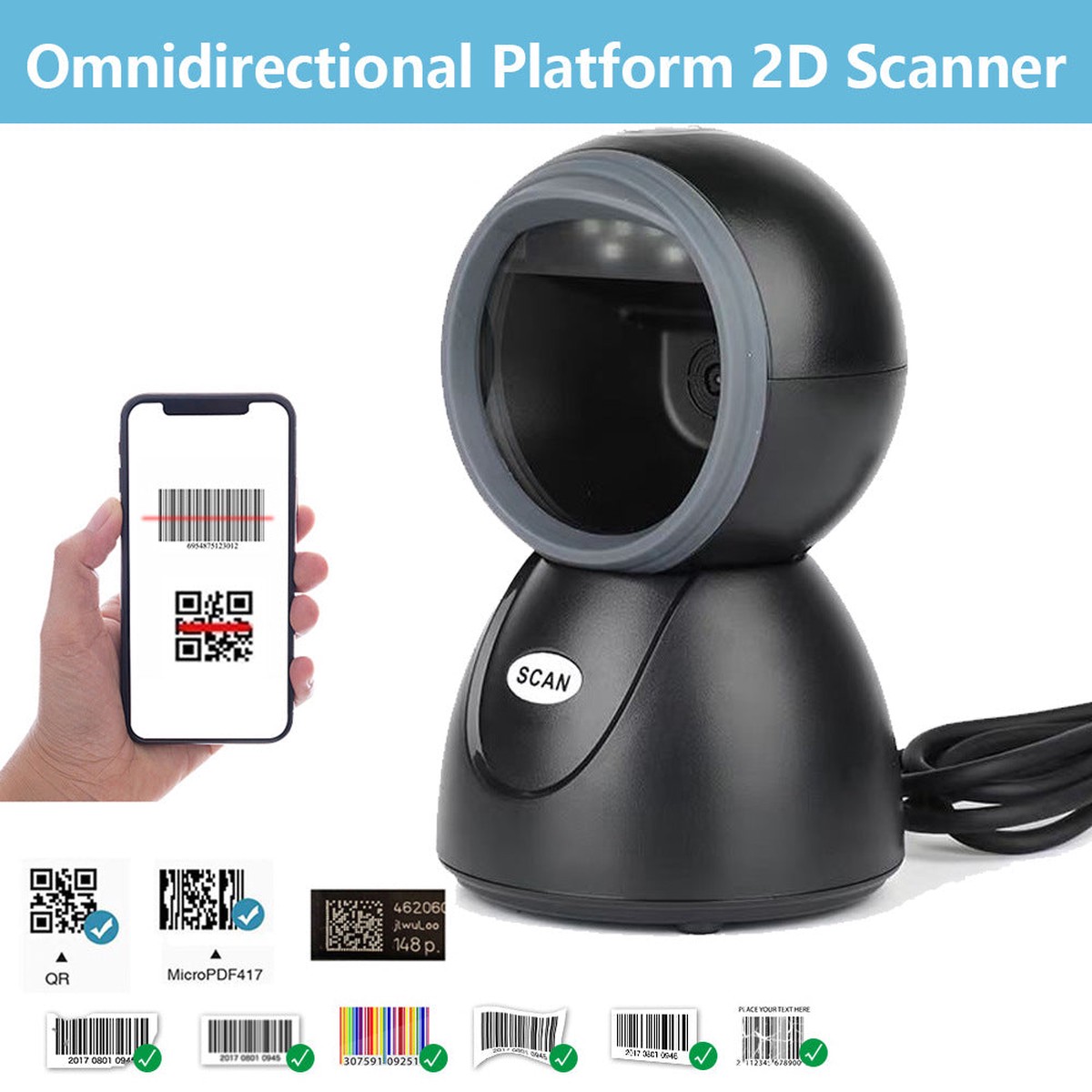Kefar Omnidirectional 2D Barcode Scanner  Hands-Free Desktop