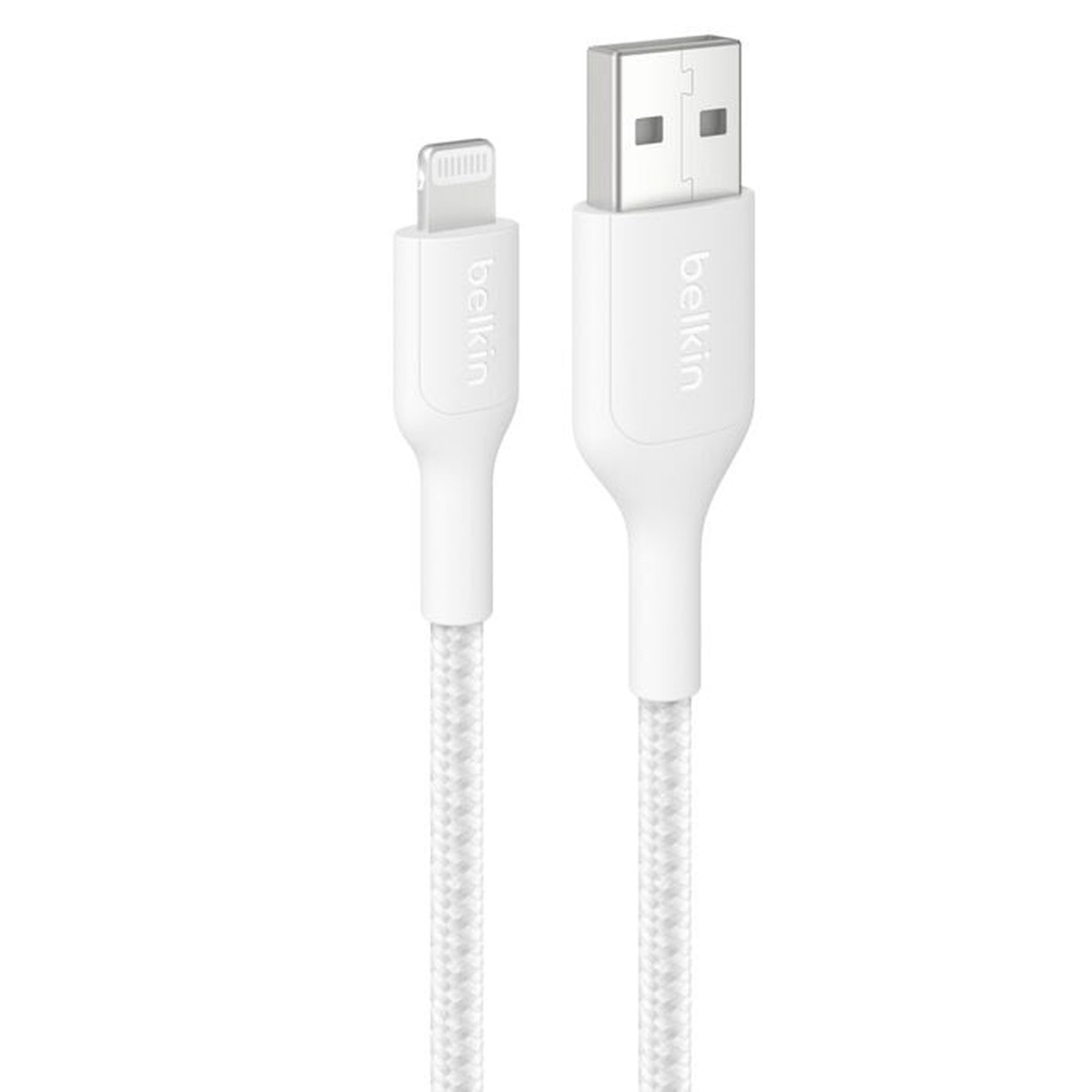 Belkin BoostCharge Pro Braided Lightning to USB-A Cable (1M) – White (CAA020FQ1MWH), 2.4A/15W, 480Mbps, 350K Bends, MFI-Certified, 2